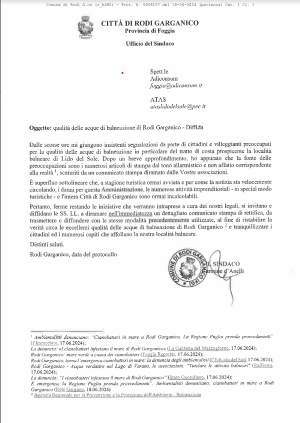 Rodi Garganico, False Notizie sulla Qualità delle Acque: La Diffida del Sindaco